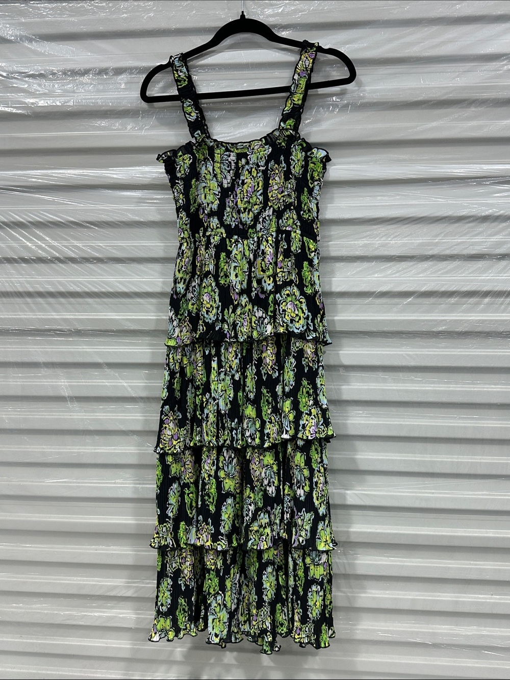 Women’s Black Floral Tiered Maxi Dress with Green Accents